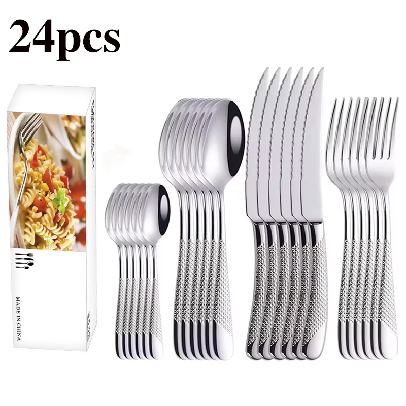 Conjunto De Talheres De Aço Inoxidável (prateado) Com 24 Peças, Incluindo Facas, Garfos, Colheres E Colheres De Sobremesa.