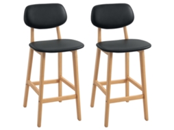 Conjunto de 2 Banquetas Altas, Estofadas em Material Sintético com Encosto e Pés de Madeira, Pretas. PONTOCASA