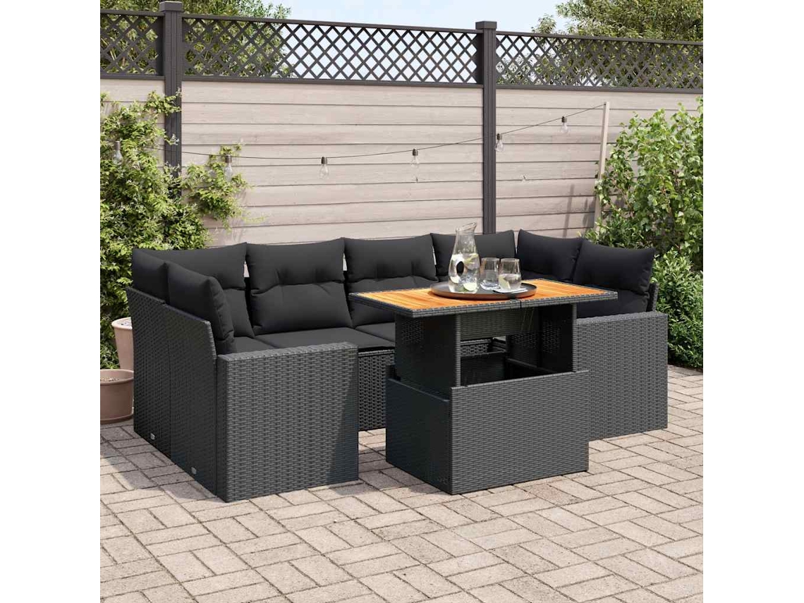 Vidaxl 7 Pcs Conjunto De Sofás P/ Jardim C/ Almofadões Vime Pe Preto