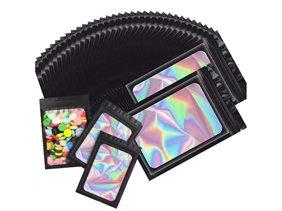 KOFIHETY 100 Pcs Ozchin Bolsas Mylar Holográficas Com Janela Transparente, Embalagem Com Fecho Para Comida, Joias, Eletrônicos E Armazenamento