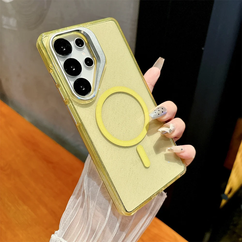 Capa Magnética Magsafe Para Celular (galaxy S25 Ultra Amarelo) Com Suporte De Lente De Metal E Lantejoulas Transparentes.