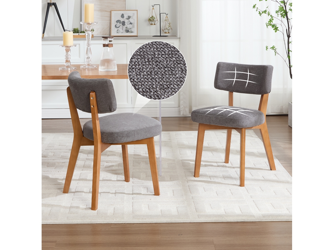 Cadeira Jantar Mid-century Conjunto 2, Assento Linho Cinza, Pernas Madeira Maciça