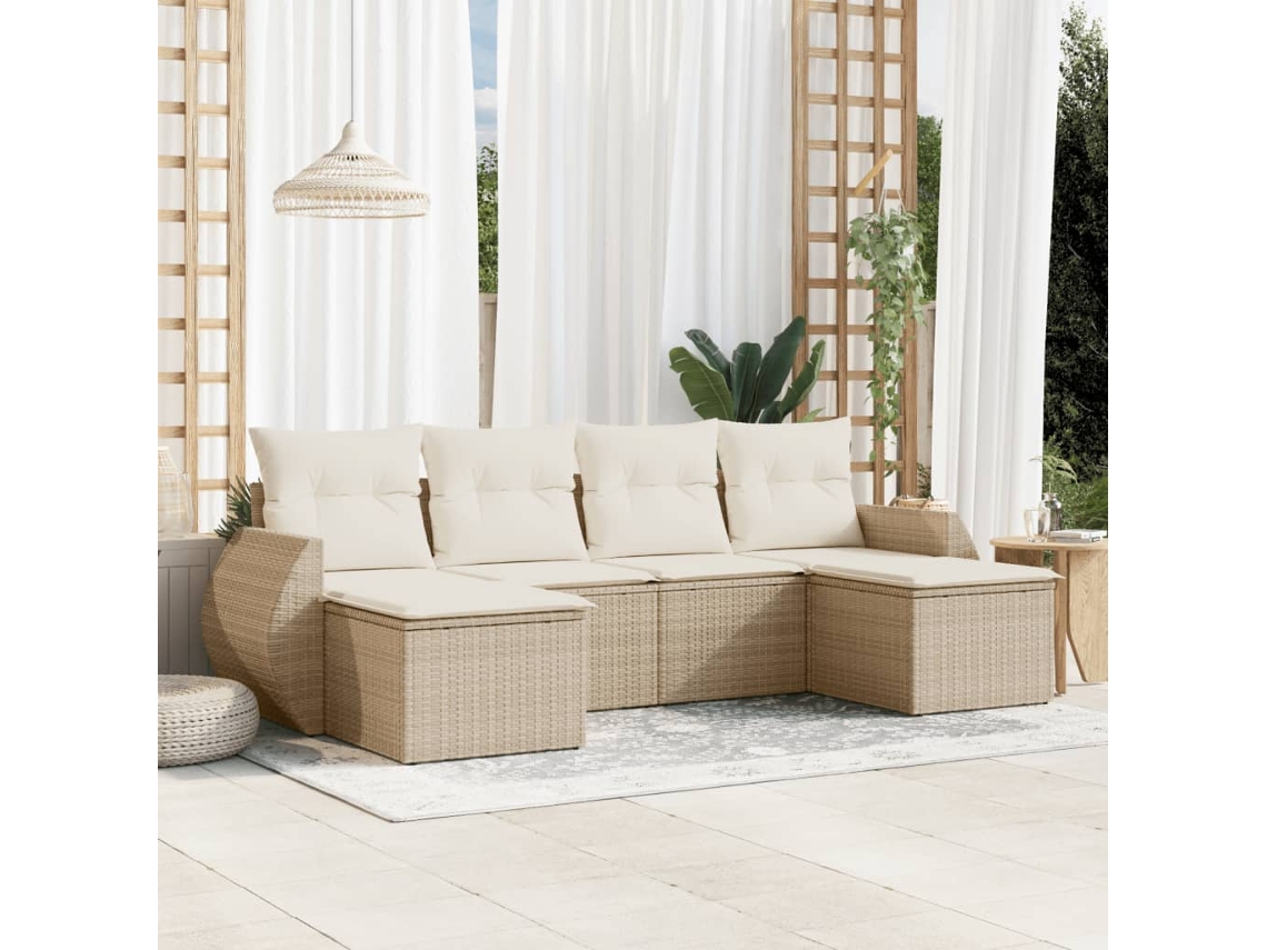 Vidaxl 6 Pcs Conjunto De Sofás P/ Jardim Com Almofadões Vime Pe Bege