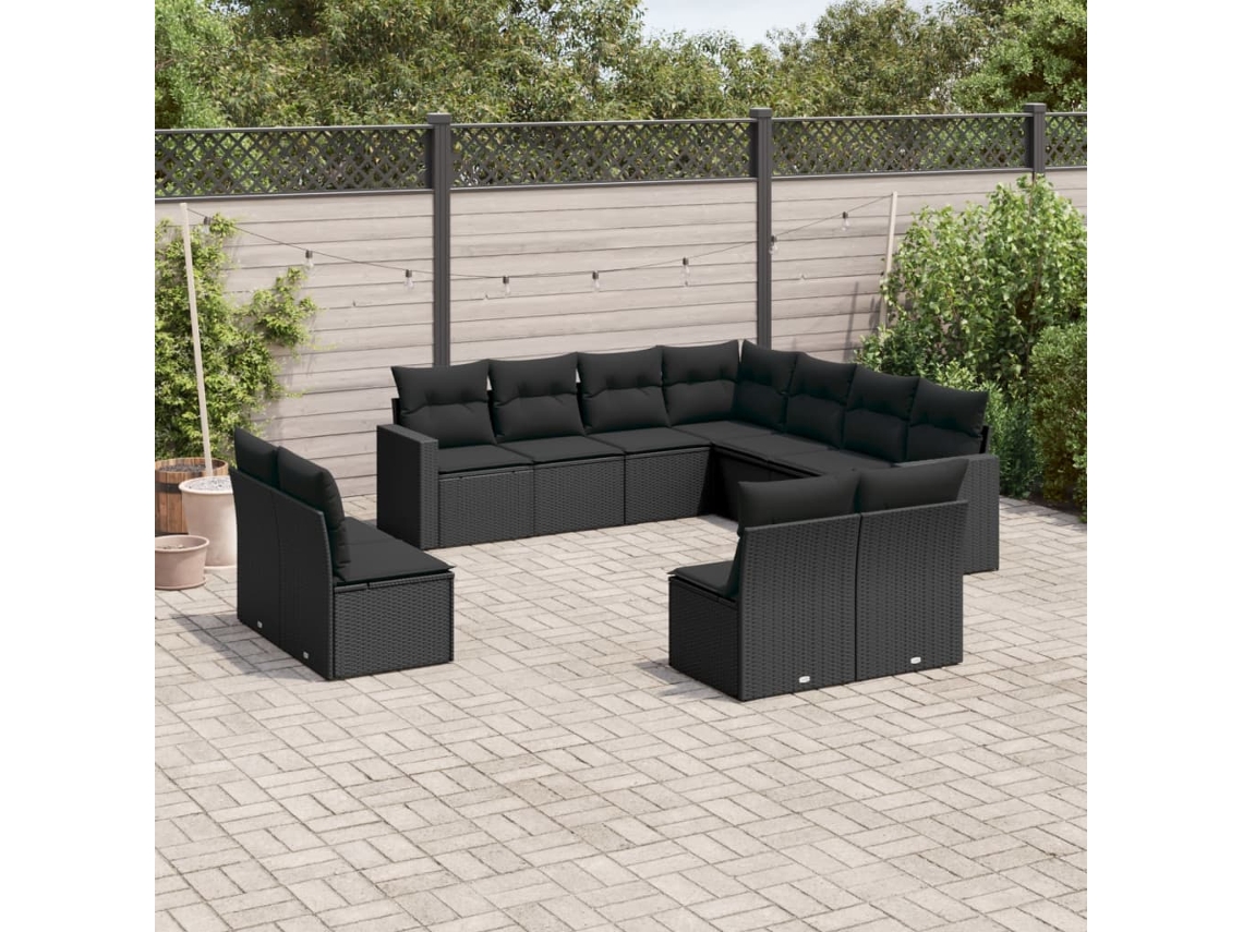 Vidaxl 11 Pcs Conjunto Sofás De Jardim C/ Almofadões Vime Pe Preto