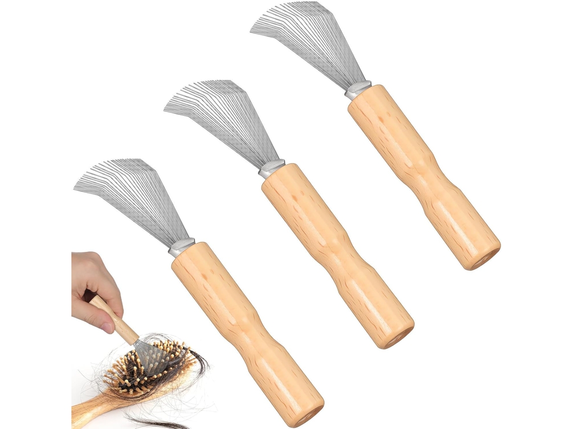 Conjunto De 3 Escovas De Limpeza Para Pentes De Cabelo Com Cabo Ergonômico De Madeira.