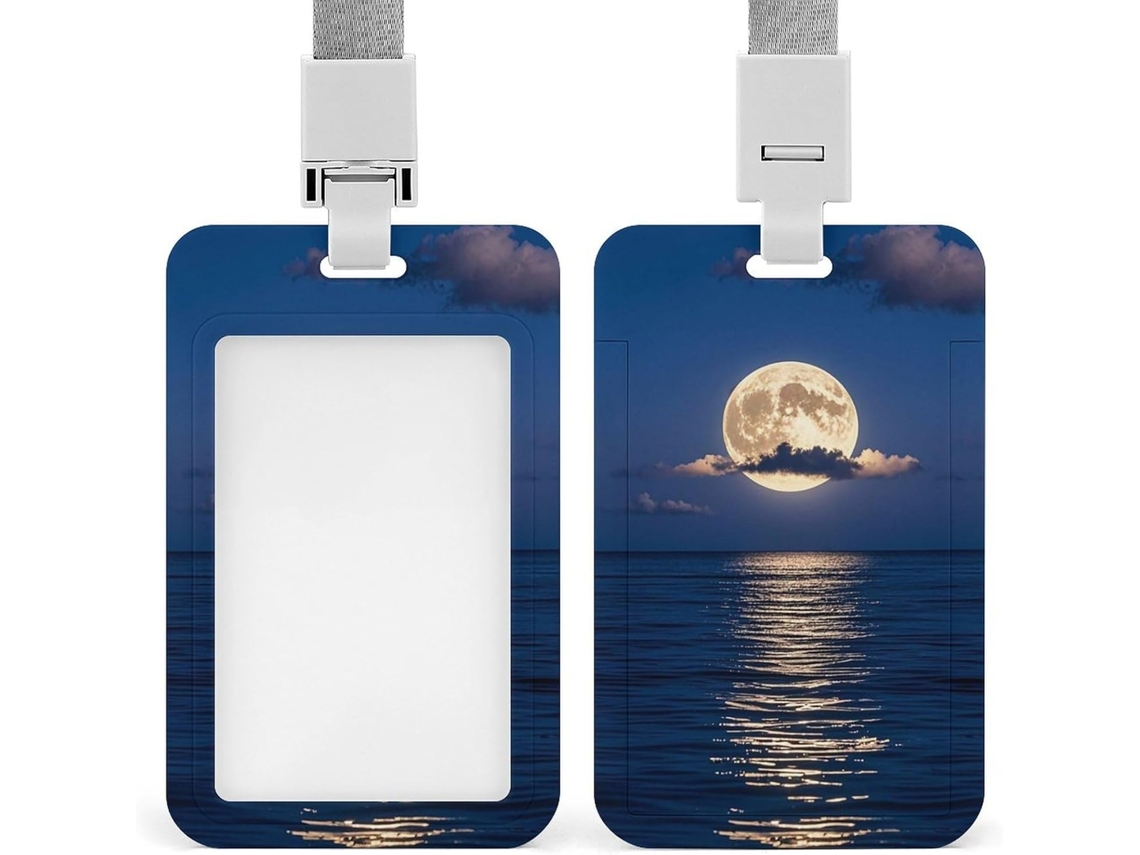 Porta Crachá Com Cordão, Porta Crachá Azul Oceano Lua, Porta Crachá Divertido, Capa Protetora Vertical