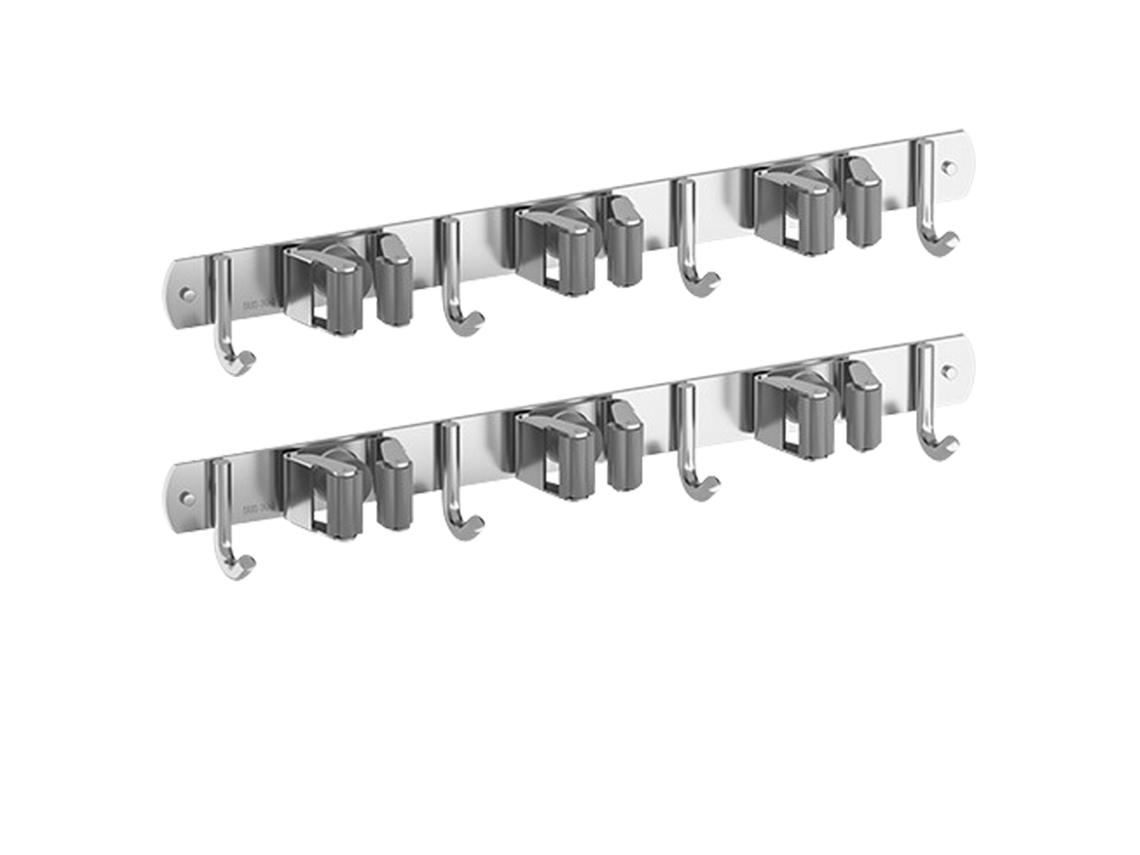 2 peças Suporte para Vassouras Aço Inoxidável 304 com 3 Prateleiras e 4 Ganchos para Parede Mop Organizer | S/MARCA