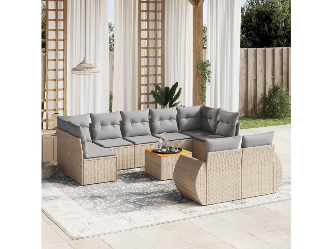 Vidaxl 10 Pcs Conjunto De Sofás P/ Jardim Com Almofadões Vime Pe Bege