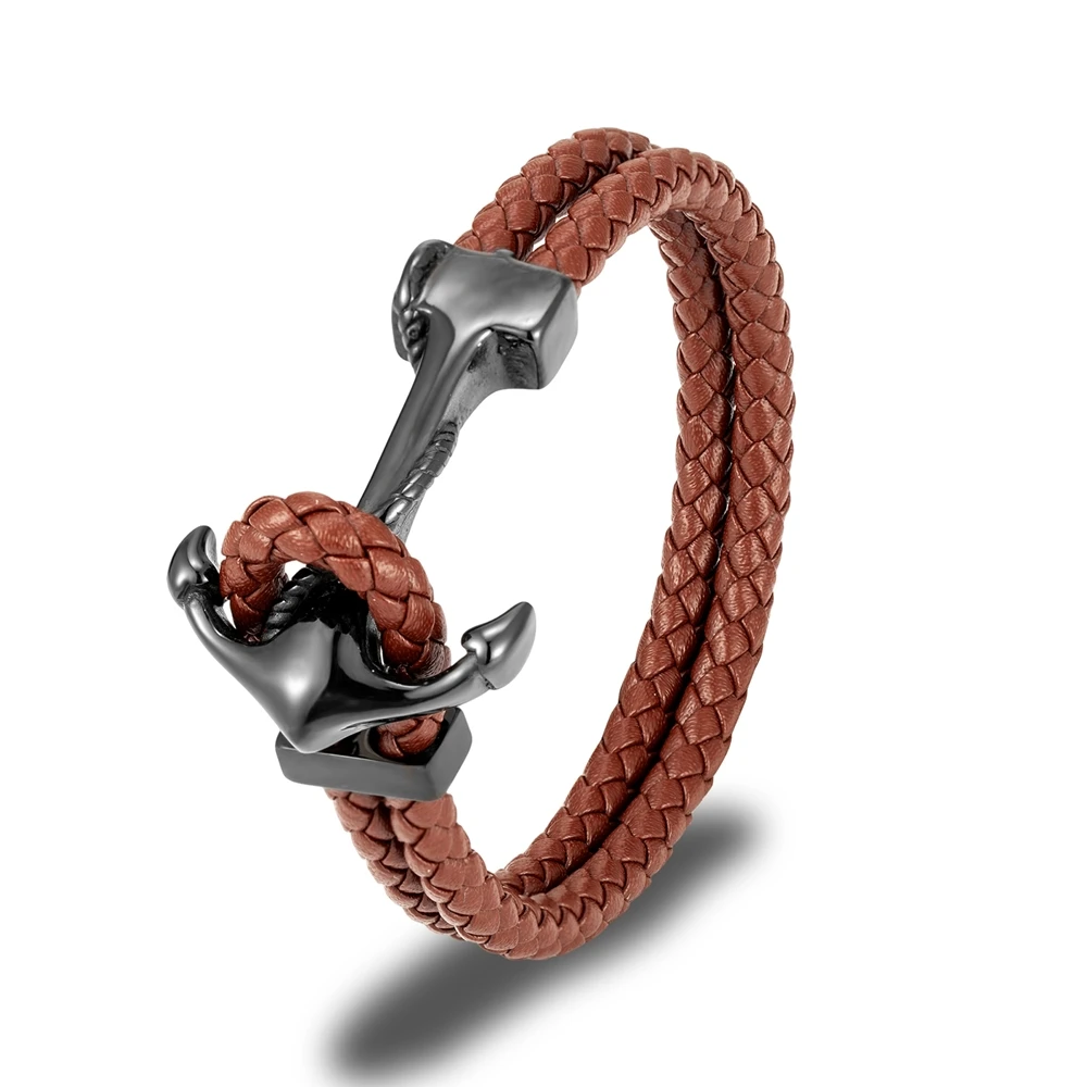 Pulseira New Hope Em Couro Genuíno Com Formato De Âncora (café Preto, 21 Cm), Para Homens, Com Pingente Em Aço Inoxidável.