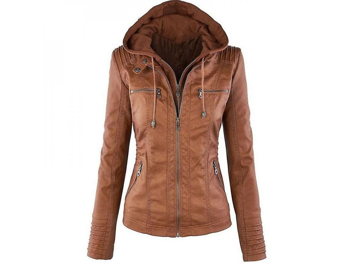 2026-chaqueta De Couro Pu Para Mulheres Com Capuz Moto Biker Abrigo Exterior Veo 2xl Marrom