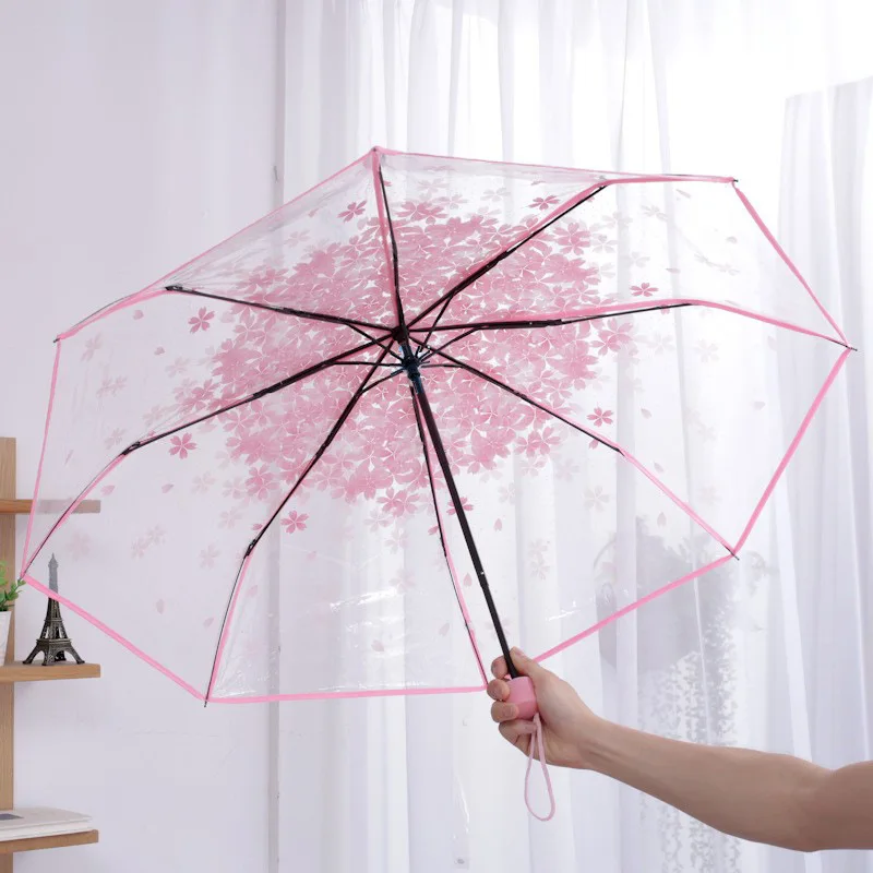 Guarda chuva MDUG transparente em formato de flor de cerejeira, triplo, compacto (rosa)