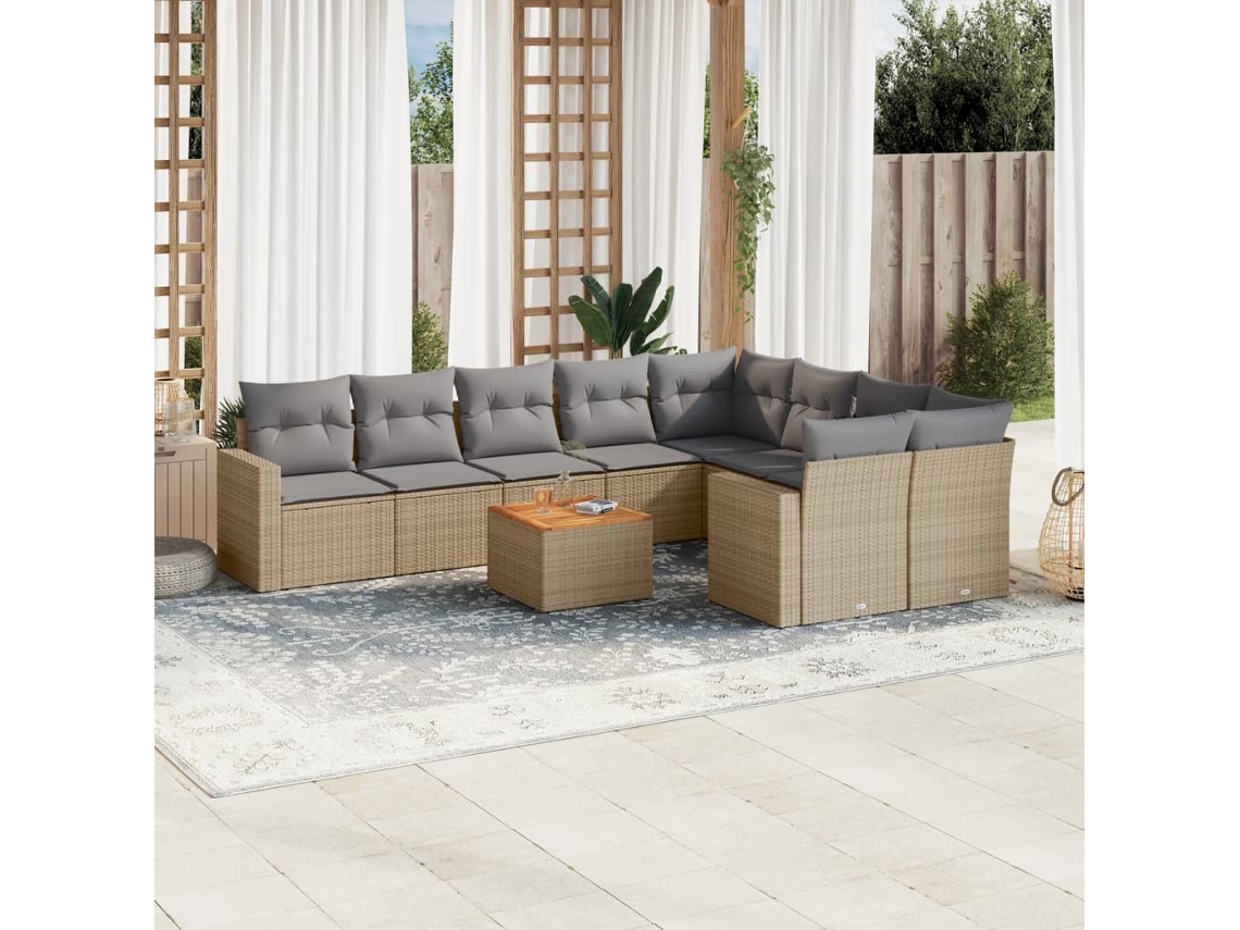 Vidaxl 10 Pcs Conj. Sofás Jardim C/ Almofadões Vime Pe Bege Misturado
