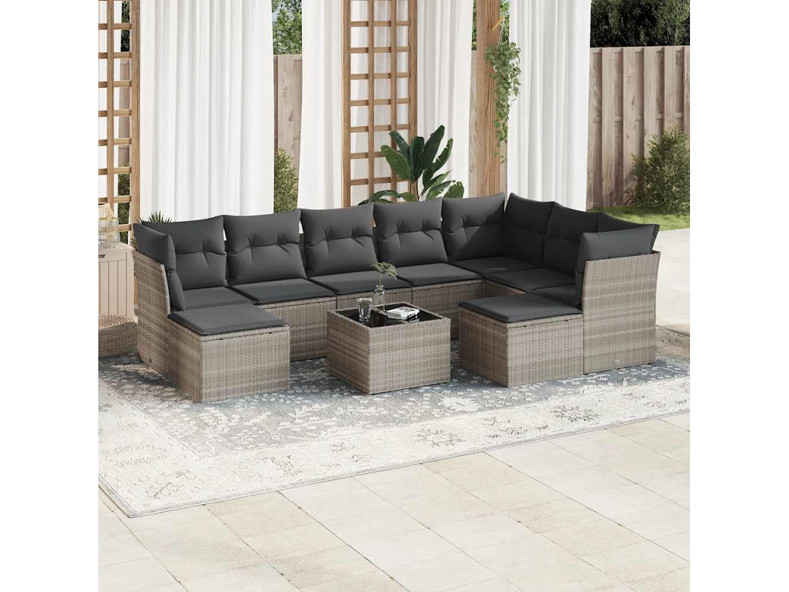 Vidaxl 10 Pcs Conj. Sofás Jardim Com Almofadões Vime Pe Cinzento-claro