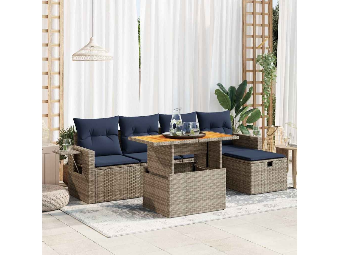 Vidaxl 6 Pcs Conjunto Sofás Jardim Com Almofadões Pe/acácia Cinzento