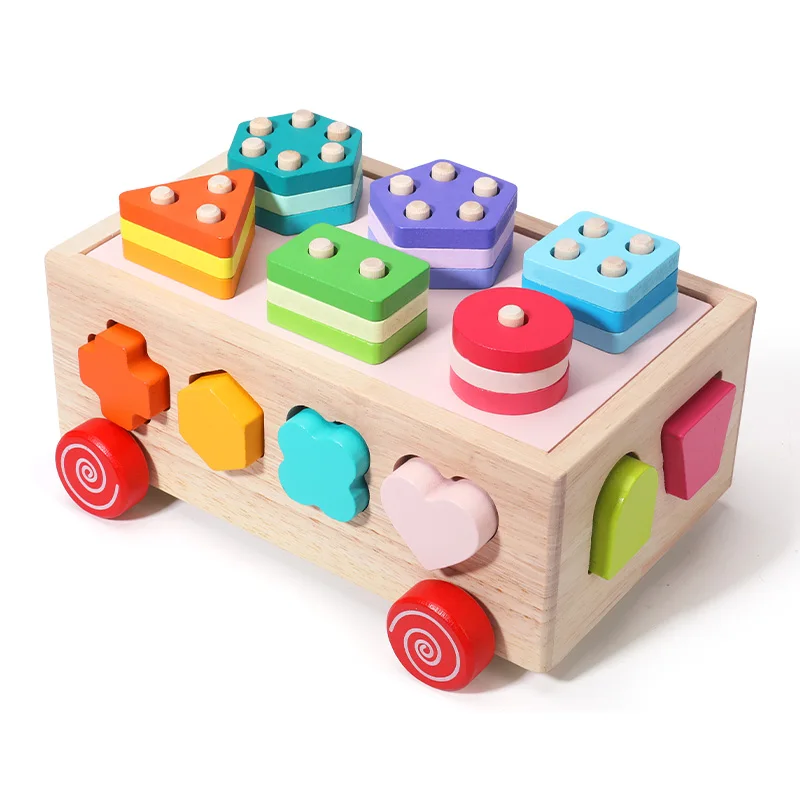 Carrinho De Brinquedo De Madeira Multicolorido Para Classificação De Formas, Ideal Para A Educação Infantil.