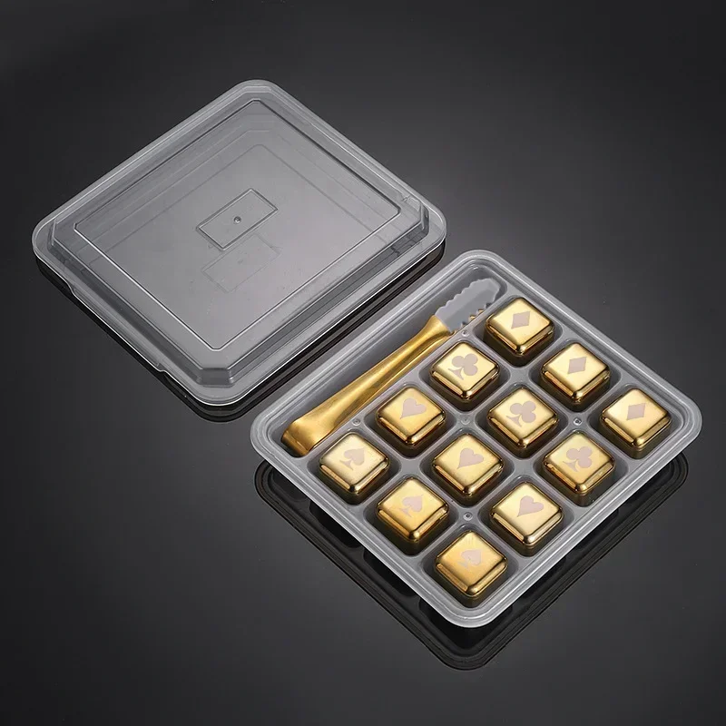 Cubos de Gelo Reutilizáveis de Aço Inoxidável, Congelamento Rápido, Metal de Qualidade Alimentar MDUG (ouro, 12pcs, com Clipe)