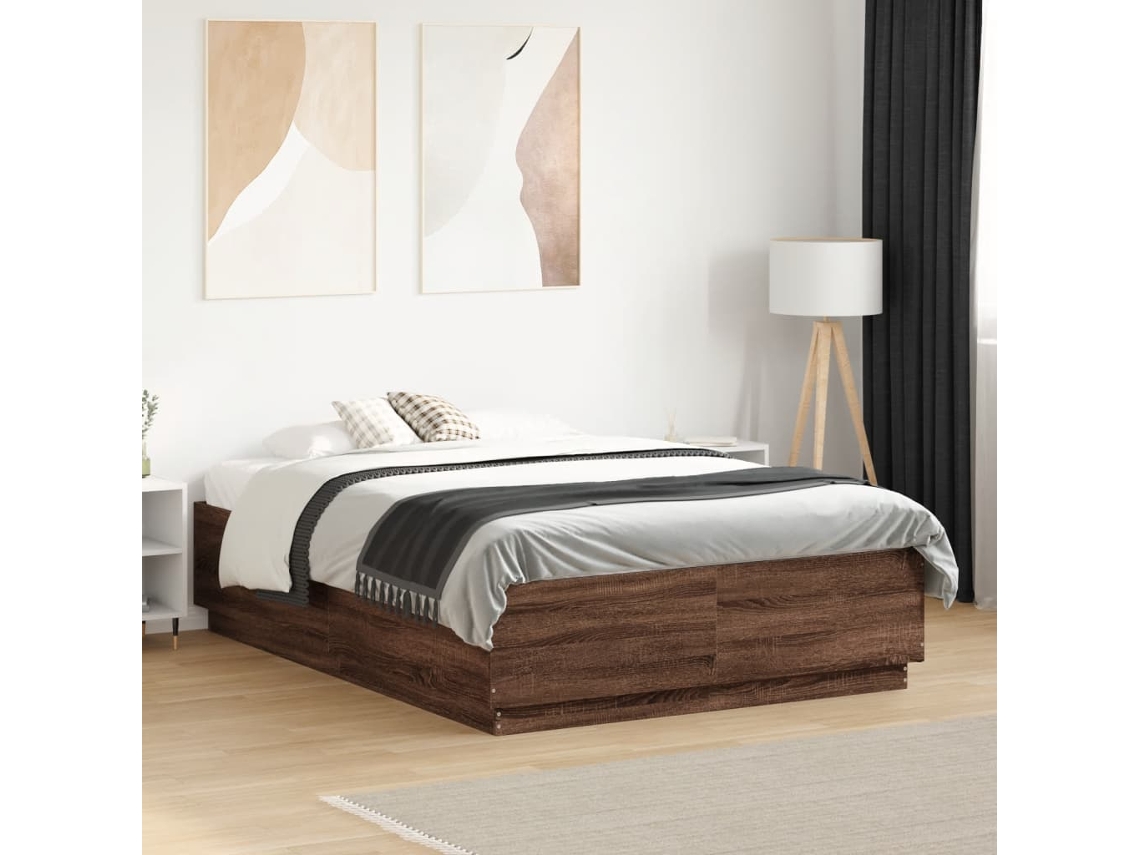 Vidaxl Estrutura Cama C/ Luzes Led Derivados Madeira Carvalho Castanho