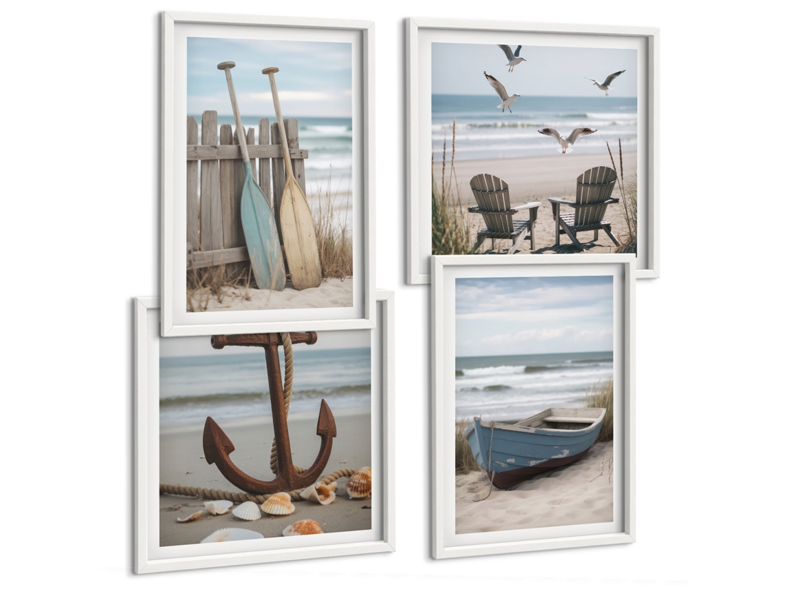 Composição De Quadros Âncora De Barco Na Praia Moldura Branca Quadros Para O Escritório Espelharte (conjunto De 4 Imagens)