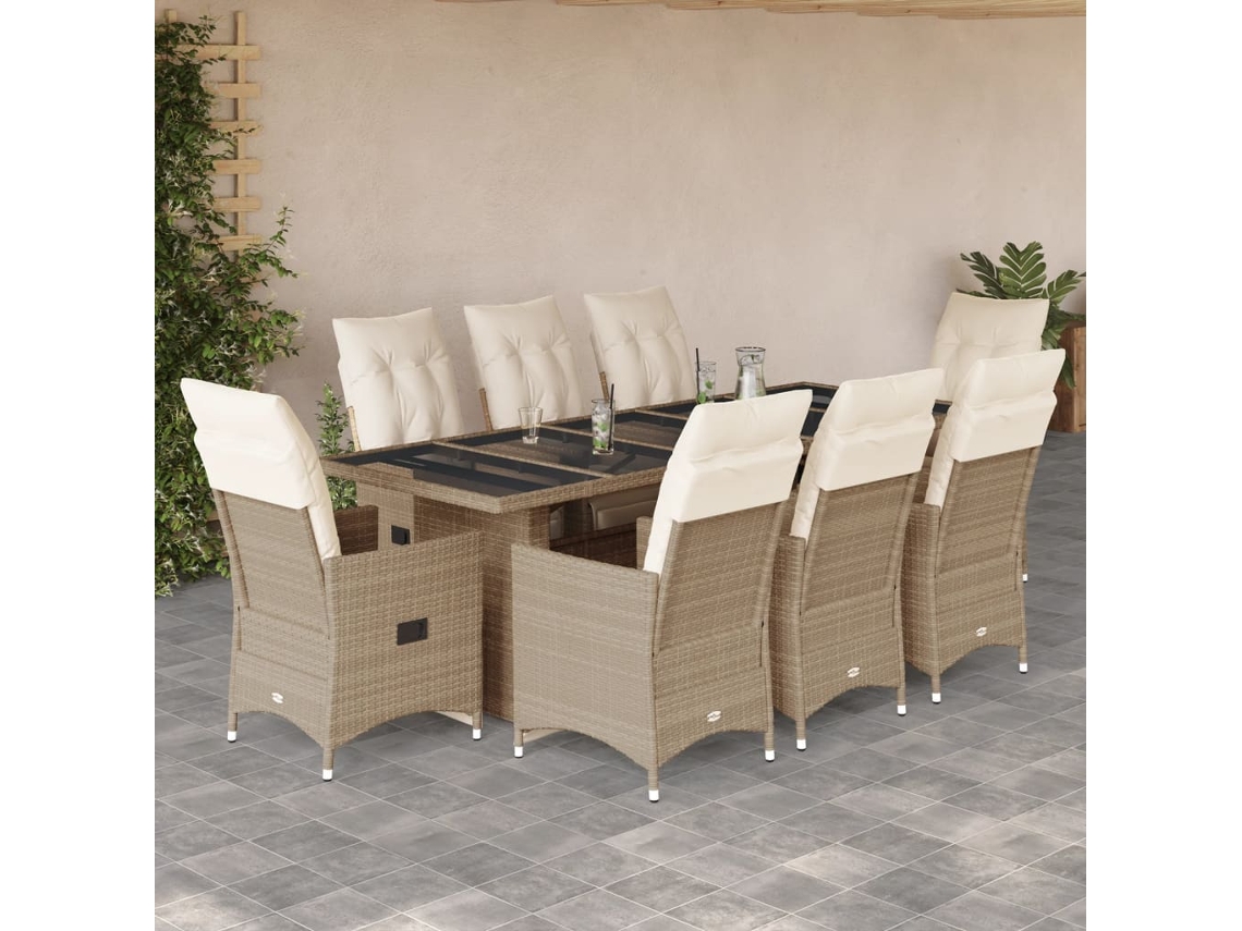 Vidaxl 9 Pcs Conjunto De Bistrô Para Jardim C/ Almofadões Vime Pe Bege
