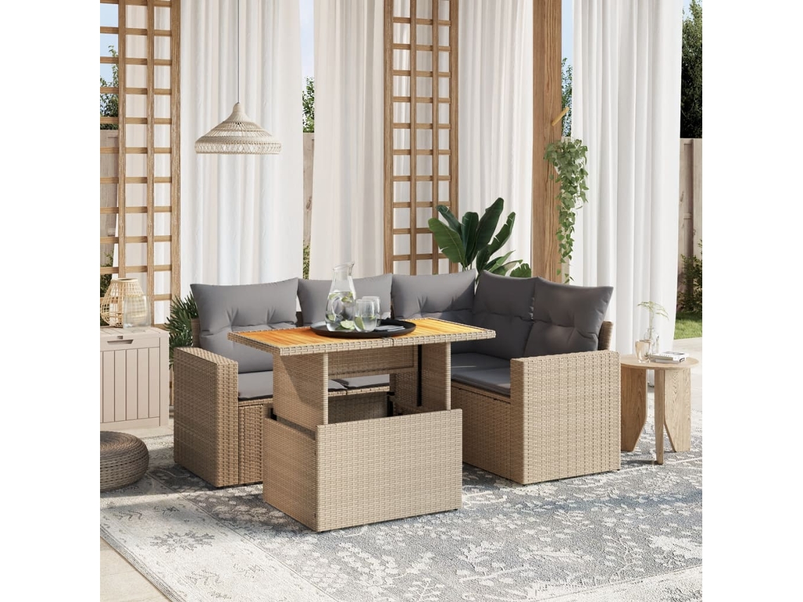 Vidaxl 5 Pcs Conjunto De Sofás P/ Jardim Com Almofadões Vime Pe Bege