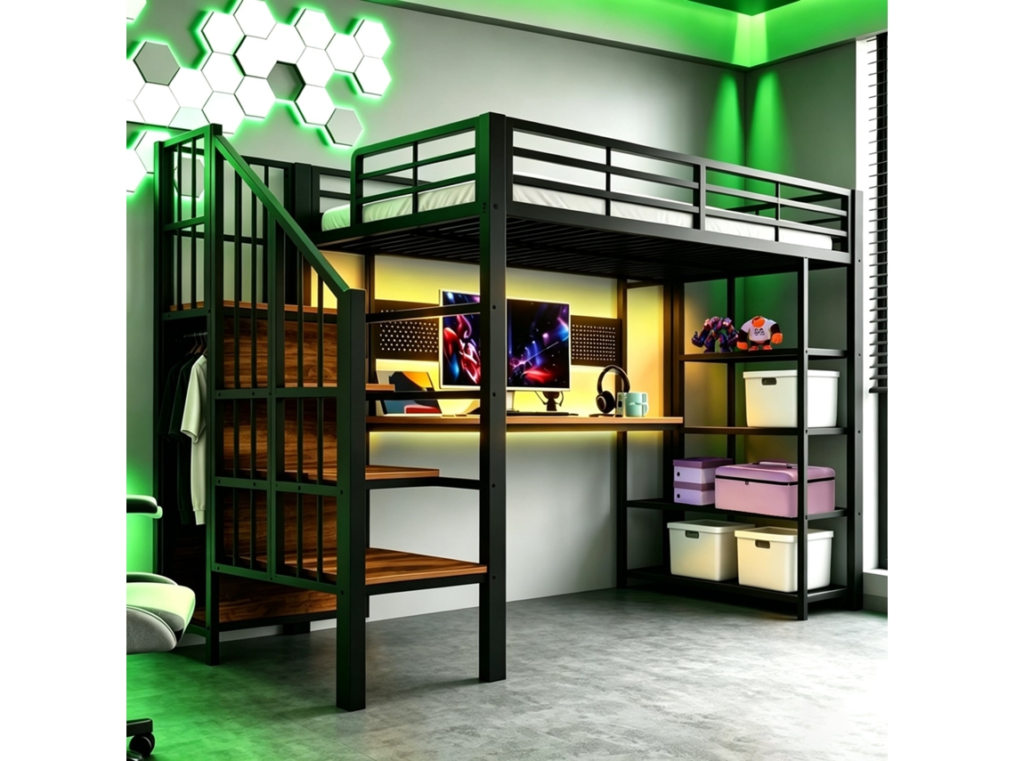 Cama Alta em Ferro 90 × 200 Cm Secretária Comprida, Painel Perfurado Comprido, Tomadas Europeias, Luz Led, Várias Prateleiras, Grade Alta Preto NOVELA