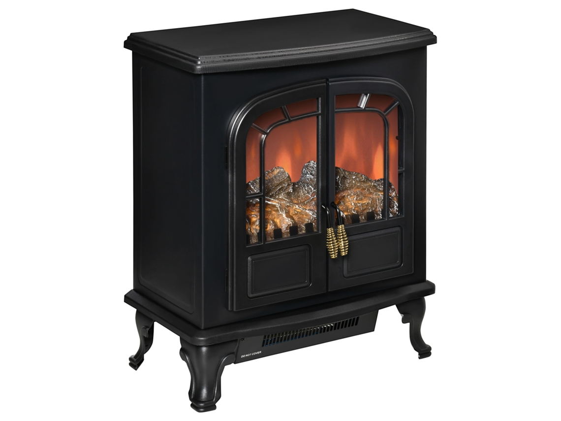 Fogão de Lareira Elétrica Estilo Neo retrô com 2 Portas de Vidro Temperado, 1000/2000w, Aço Abs Preto, Led de Brilho Ajustável