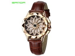 Relógio Analógico Feminino de Quartzo com Pulseira de Couro Marrom e Pedras Brilhantes Florais