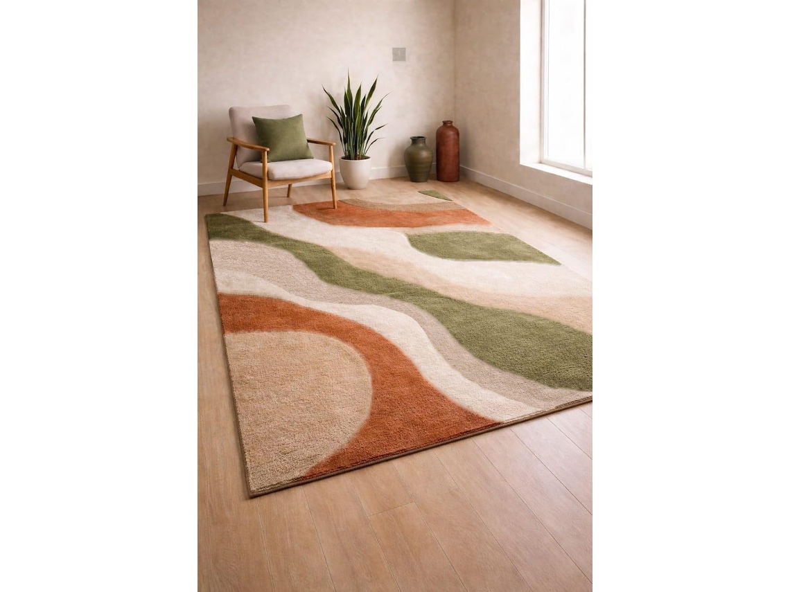 Tapete Abstrato Moderno, Lavável E Antiderrapante, 60x30cm, Em Tons De Terracota, Verde E Bege, Ideal Para De