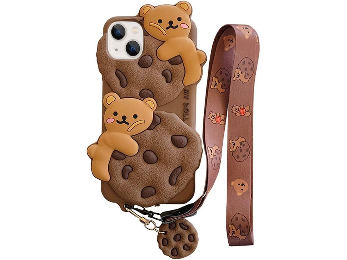 Capa Kawaii de Urso de Biscoito para iPhone 13 Pro Max com Alça e Chaveiro de Biscoito, Silicone Resistente a Impactos