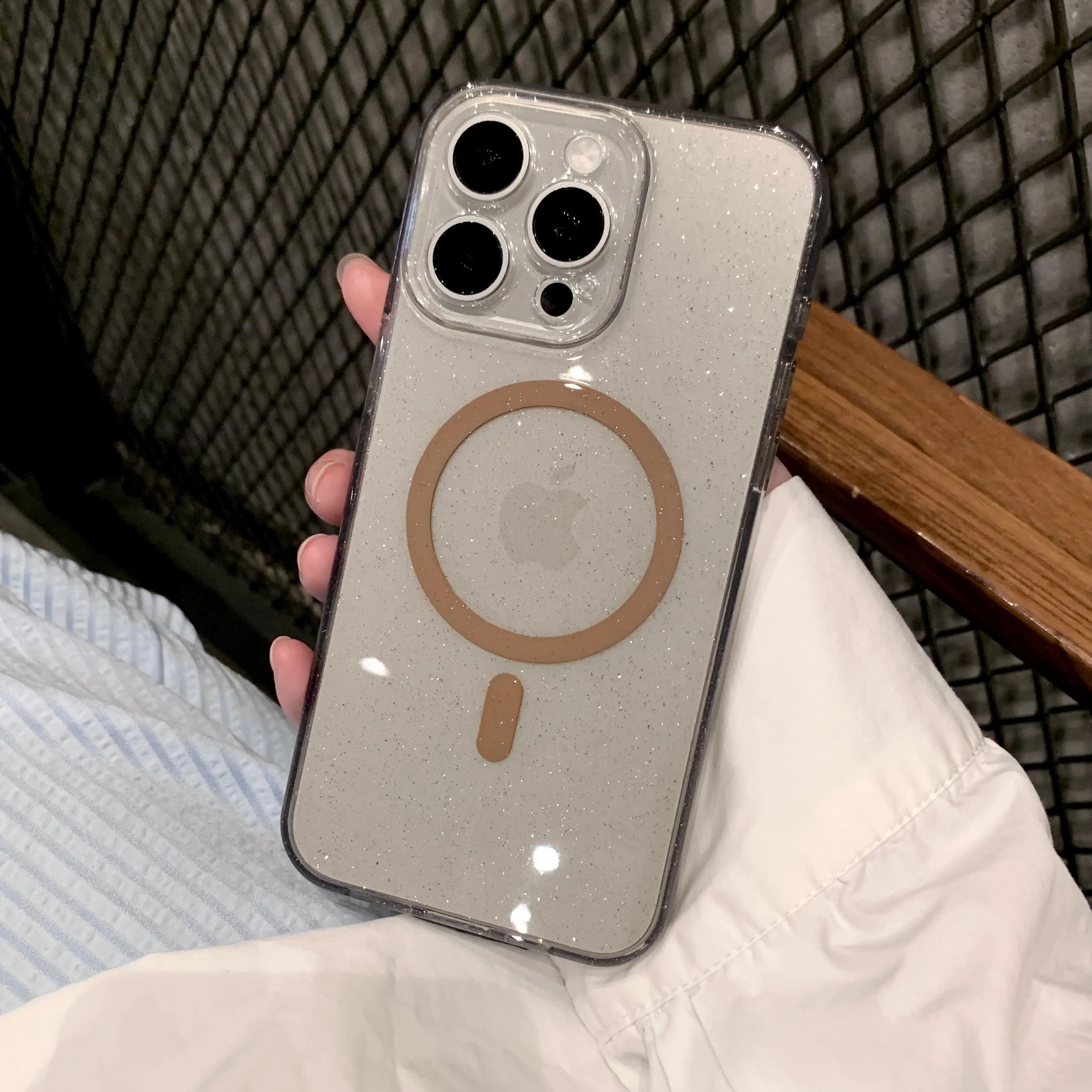 (iphone 16 Plus Cinza) Capa Transparente De Silicone Com Glitter, Carregamento Sem Fio E Material Magnético.