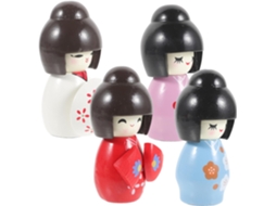 Conjunto de 4 peças de ornamentos decorativos japoneses com figuras de bonecas em quimono para restaurante, mesa ou escrivaninha.
