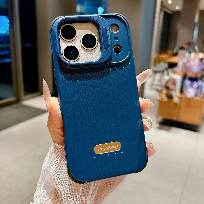Capa Para Celular Com Estampa Listrada Fosca E Suporte Para Lente Da Câmera (azuis Para Iphone 13 Pro Max).