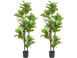 Conjunto 2 Plantas Artificiais Figueira Lira 150cm Com Vaso Cimento, Decoração Interna Na Cor Verde