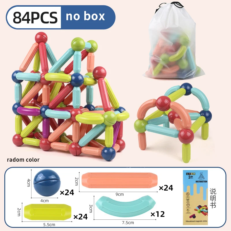 Conjunto De Blocos De Construção Magnéticos (84 Peças), Brinquedo Infantil Com Blocos De Construção Magnéticos Em Formato De Haste.