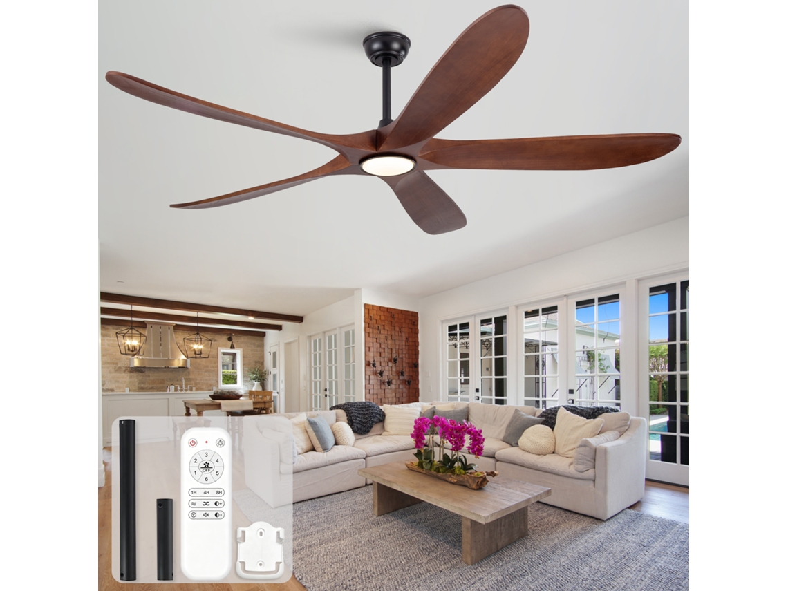 Ventilador De Teto 70 Polegadas Com Luz Led, Cinco Pás De Madeira Nogueira, 3cct E Seis Velocidades Silenciosas