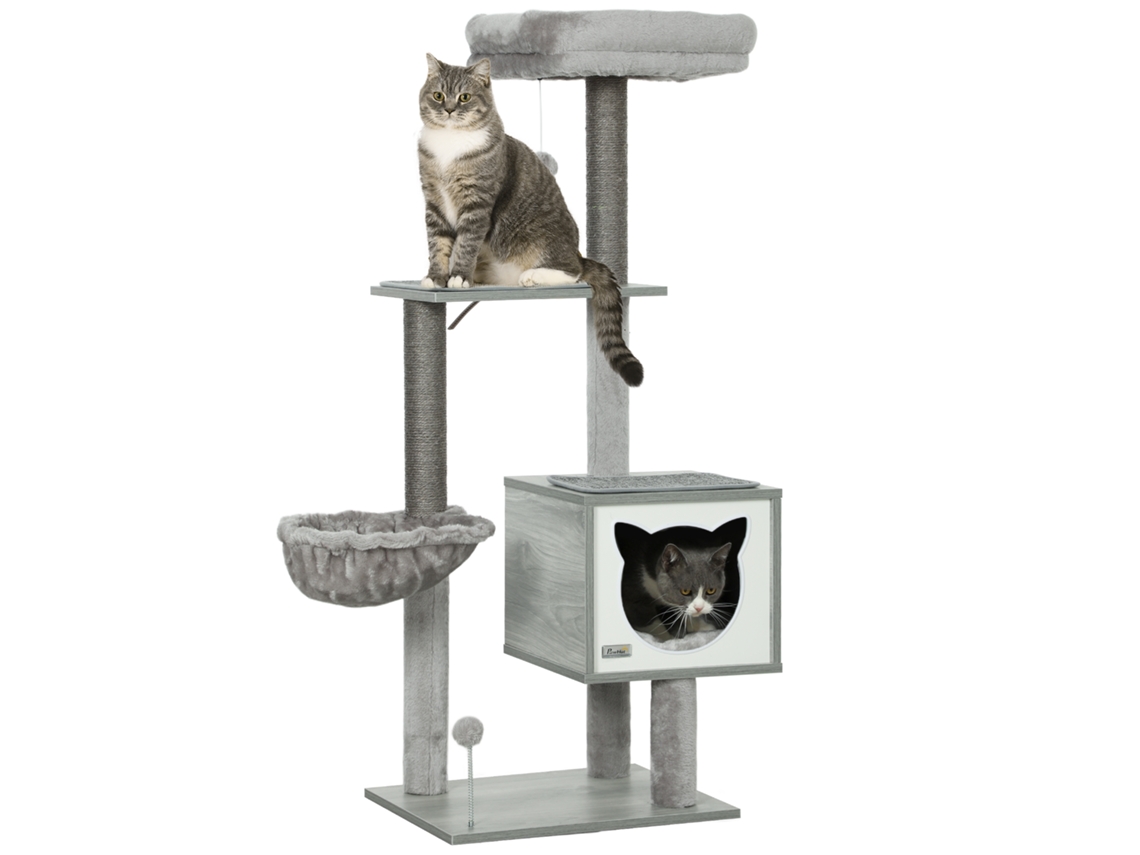 Arranhador para Gatos com Plataforma Rede Caverna Cama Postes de Sisal e Bolas de Brincar 48x40x126 Cm Cinza Ge