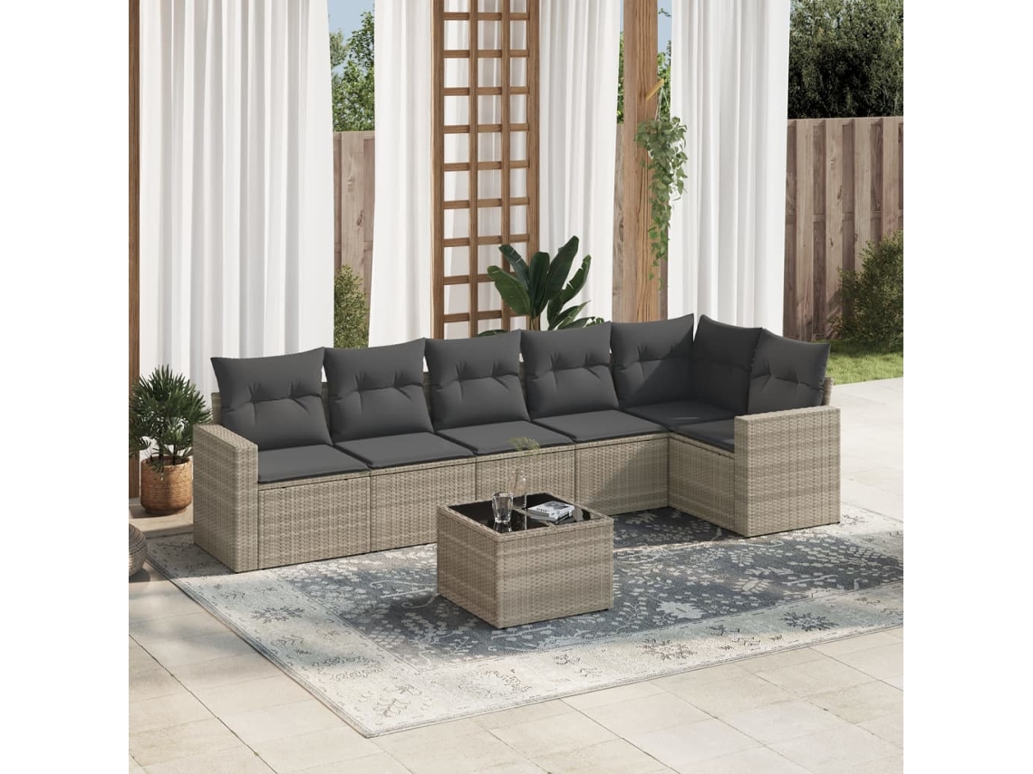 Vidaxl 7 Pcs Conj. Sofás Jardim Com Almofadões Vime Pe Cinzento-claro