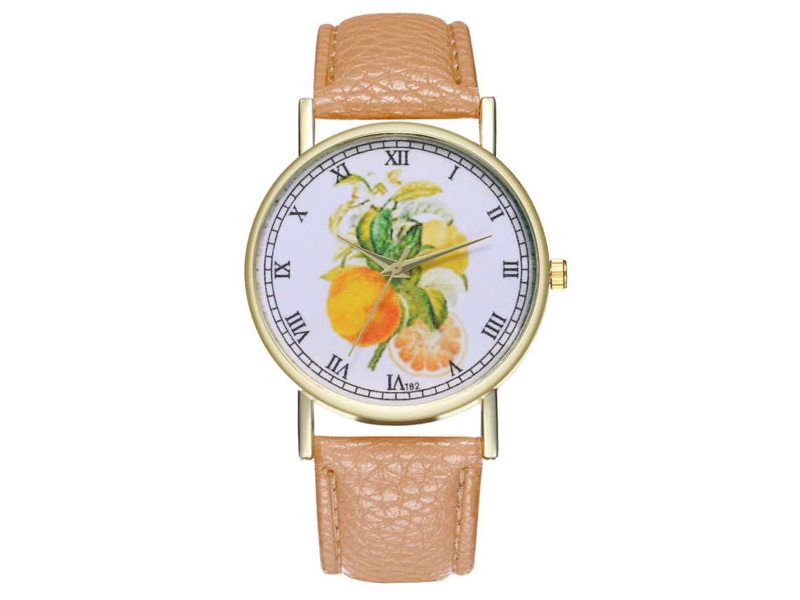 Reloj De Pulsera De Cuero Con Patrón De Frutas Moda Cuarzo Unisex (beige)