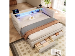 Sofá-cama 90x190cm em veludo, com cama retrátil, LED, gavetas, USB tipo c, bege, KOMHTOM
