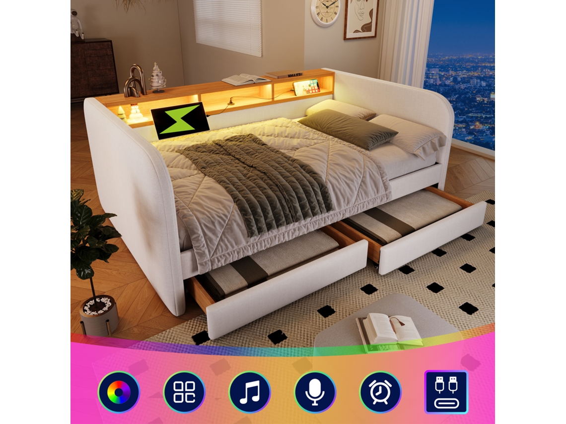 Sofá-cama 140x190 C/ Led Usb-c, 2 Gavetas E Linho Bege
