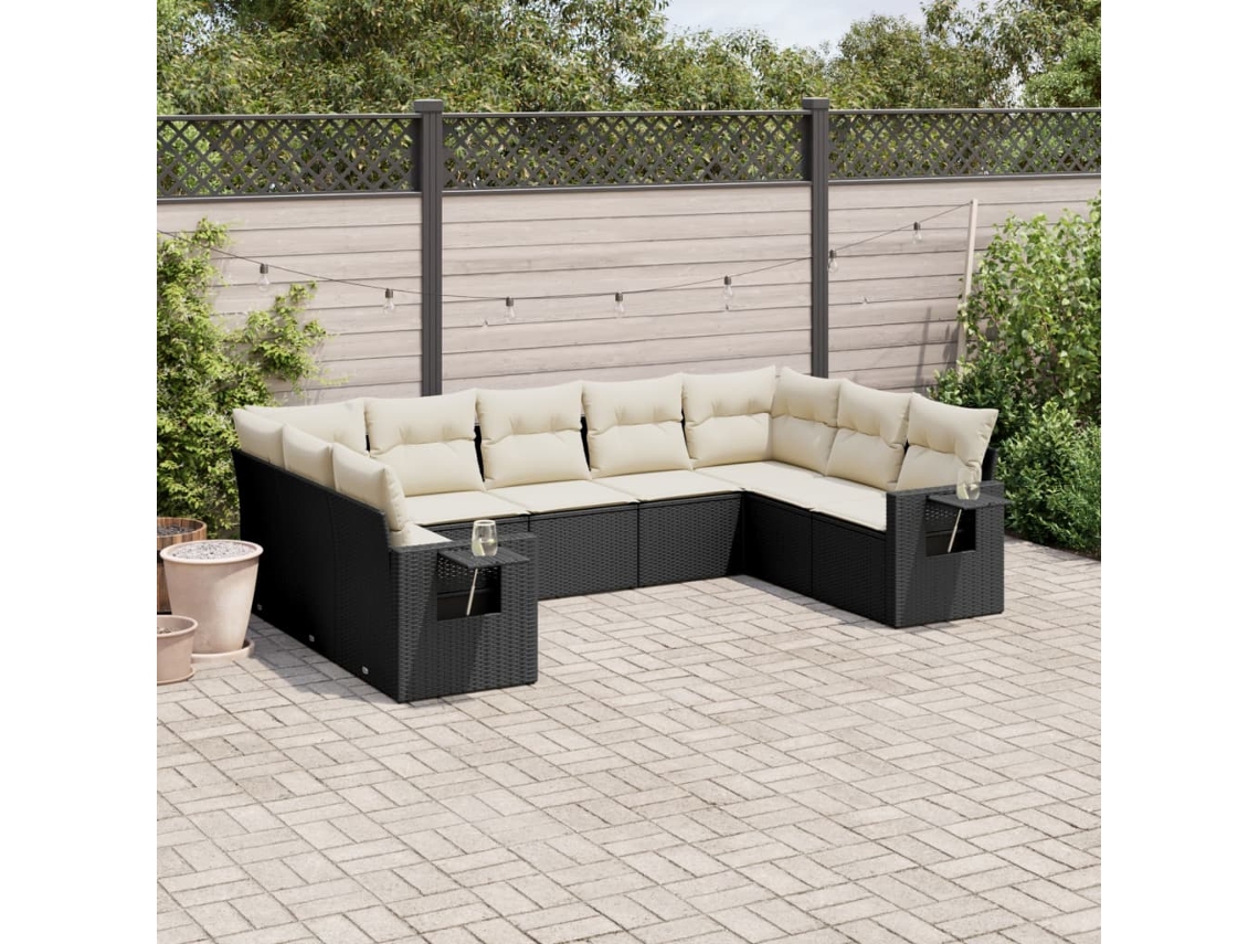 Vidaxl 9 Pcs Conjunto De Sofás P/ Jardim C/ Almofadões Vime Pe Preto