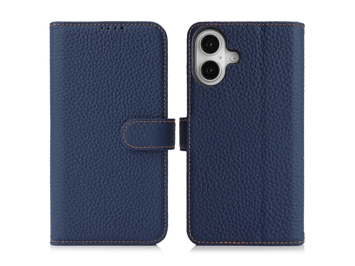 Capa Tipo Carteira Para Iphone 16 Com Textura De Lichia E Couro Bovino Genuíno, Com Bloqueio Rfid, Azul