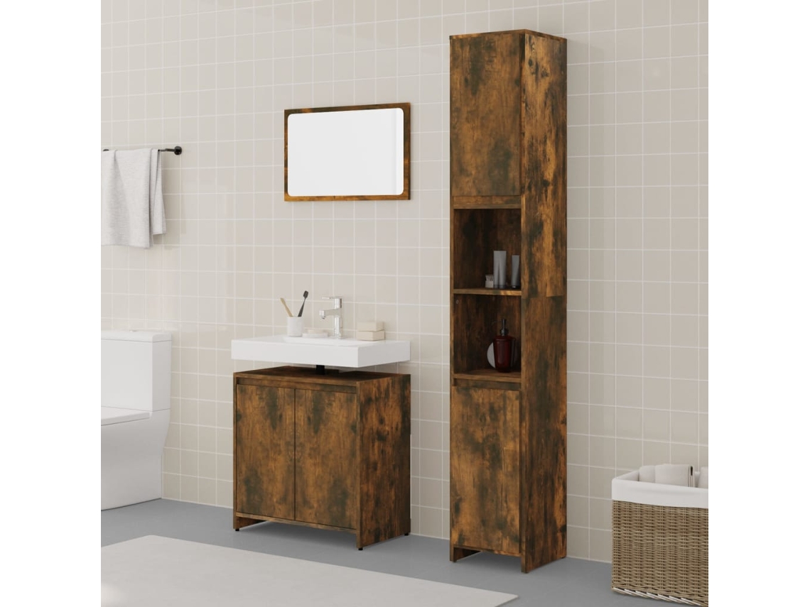 Vidaxl 3 Pcs Conjunto De Móveis Wc Madeira Processada Carvalho Fumado