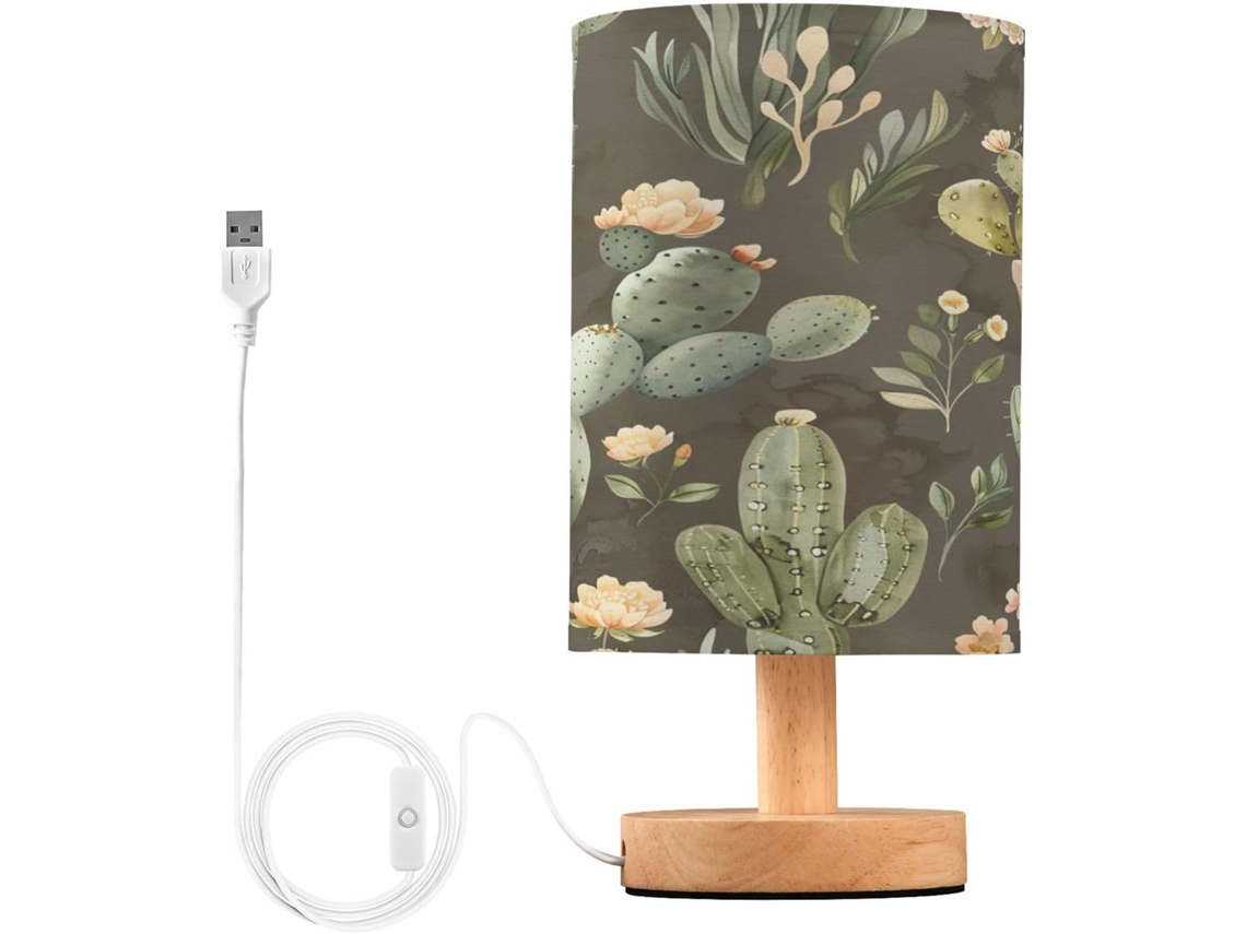 Abajur De Cabeceira Em Aquarela Com Estampa Cacto, Portas De Carregamento Usb C, Luminária De Mesa Cabeceira, Luminária
