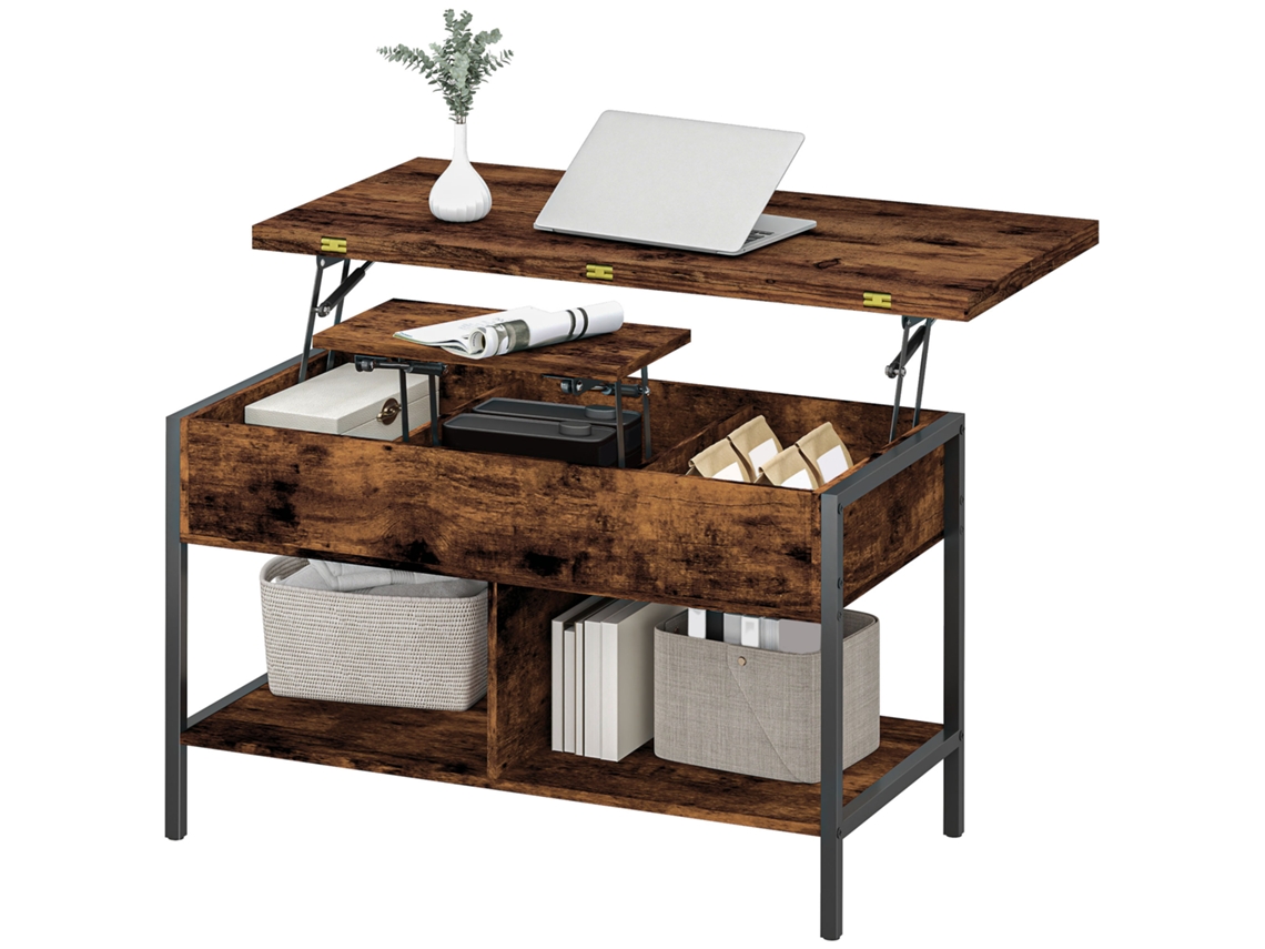Mesa Centro Retrátil Extensível Com Compartimento Oculto E Prateleiras Abertas - Rústico Design Elegante Marrom 98x49x55cm