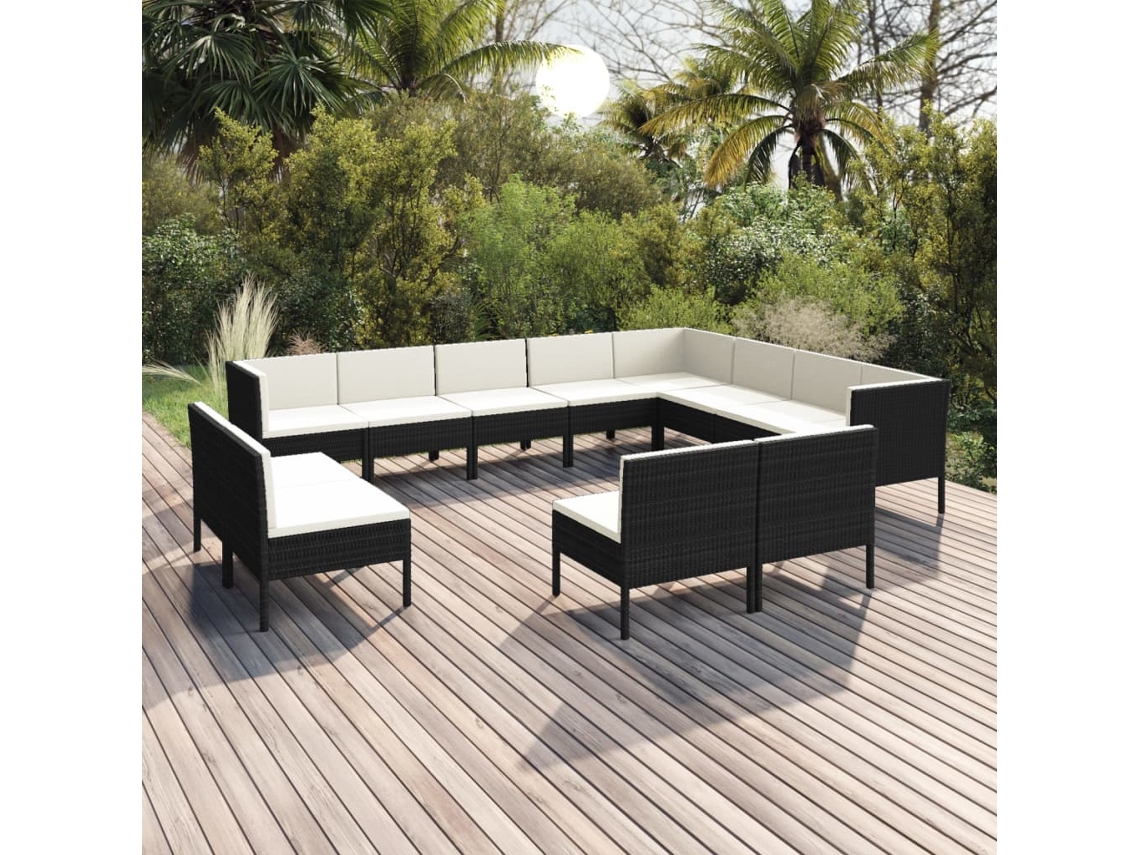 Vidaxl 12 Pcs Conjunto Lounge De Jardim C/ Almofadões Vime Pe Preto
