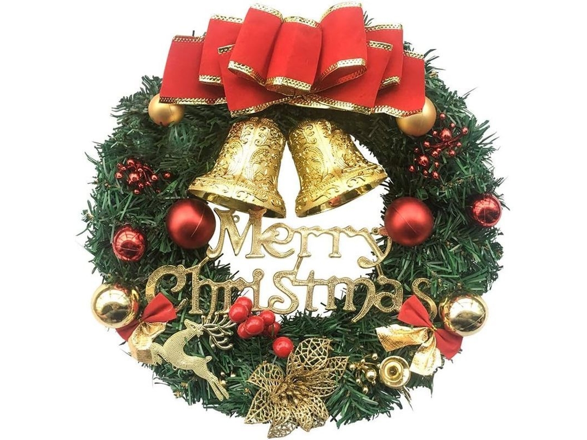 Guirnalda De Natal Artificial Para Porta, Decoração De Parede Com Laços, Sinos, Renas, Bolas, Flores E Letras