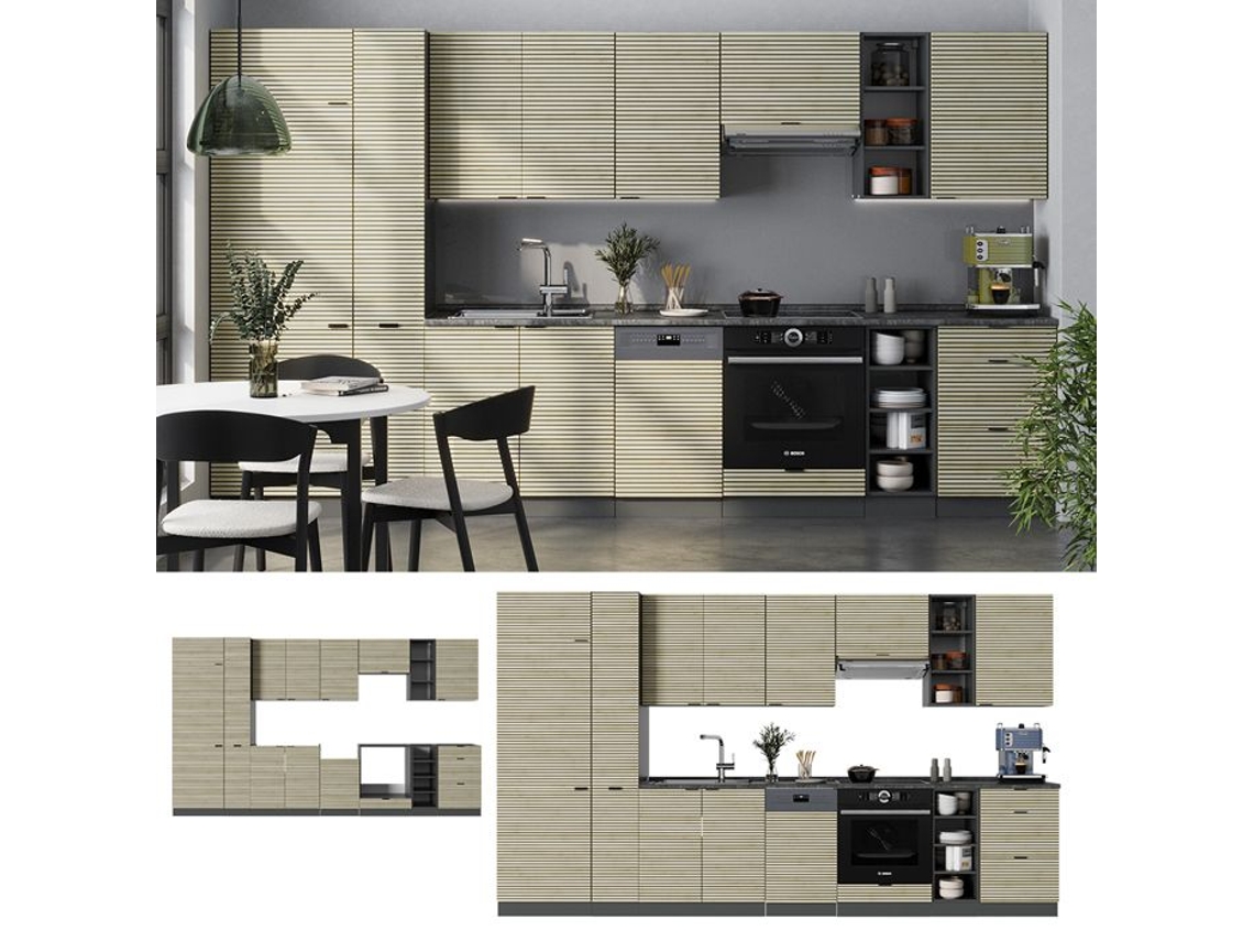Cozinha Fame Line, 355cm Sem Bancada, Carvalho Lambril/anitracite, Antracite, Vicco