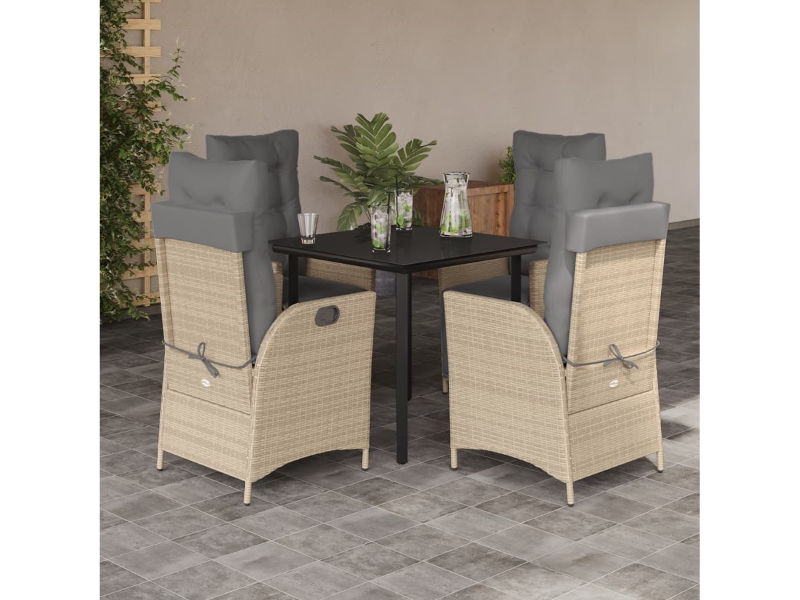 Vidaxl 5pcs Conj. Jantar Jardim C/ Almofadões Vime Pe Bege Misturado