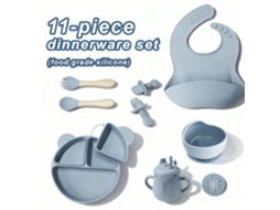 Conjunto 11 Peças Louça De Bebé Silicone Azul Cinza: Prato, Tigela, Copo, Babete, Talheres, Antiaderente, Bpa-free Para Blw